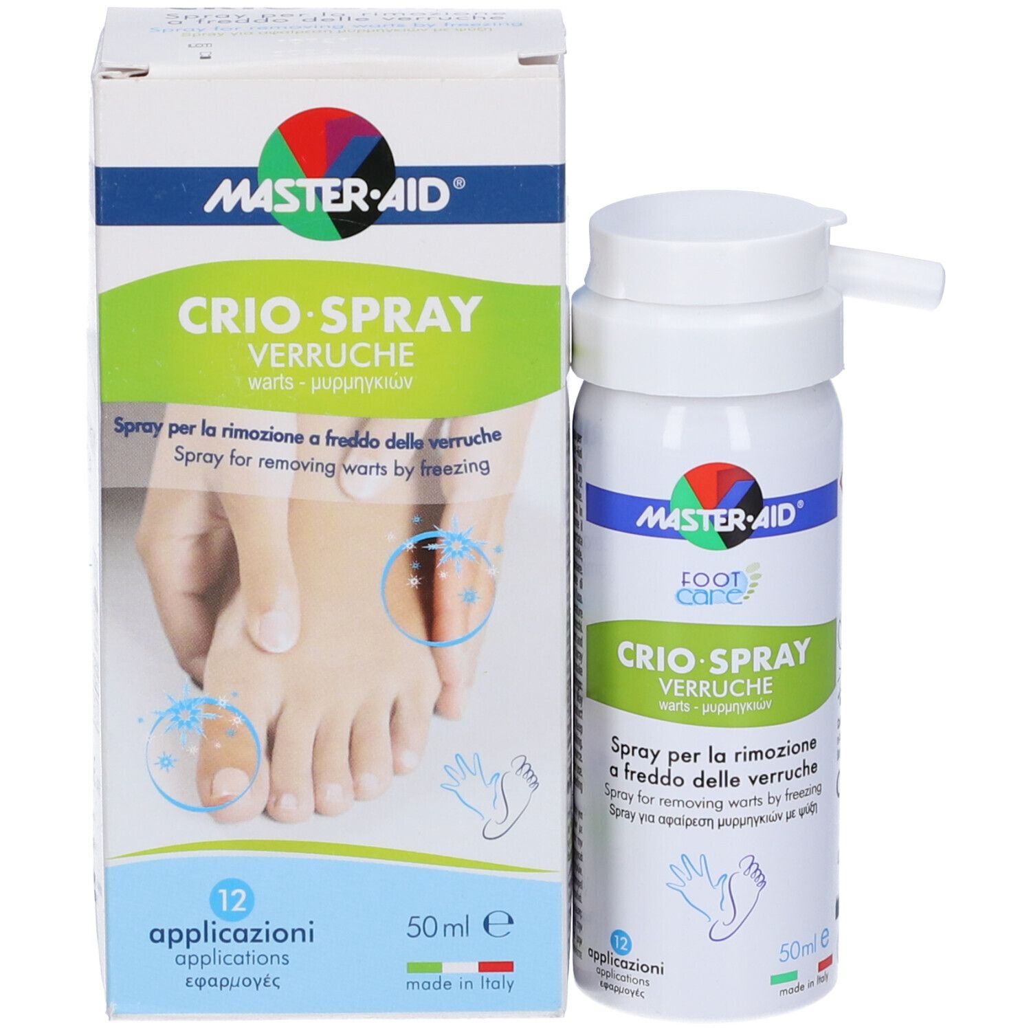 Flacone e confezione Crio-Spray. Contiene 12 applicazioni. Con erogatore.