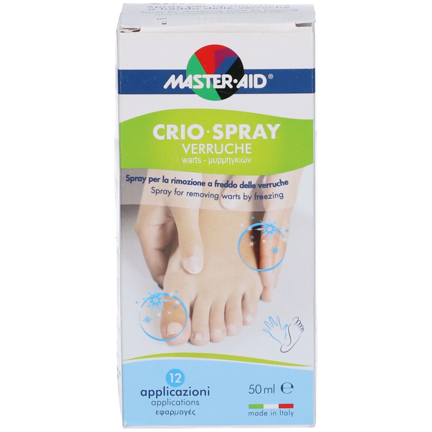 Confezione di Crio-Spray. Contiene 12 applicazioni. Con illustrazione del piede.