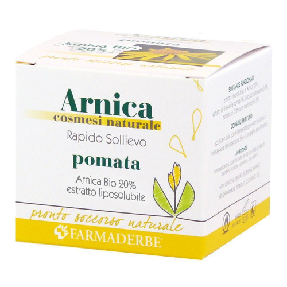 Scatola bianca con nome prodotto Arnica e testo. Elementi gialli e verdi. Marchio FARMADERBE.