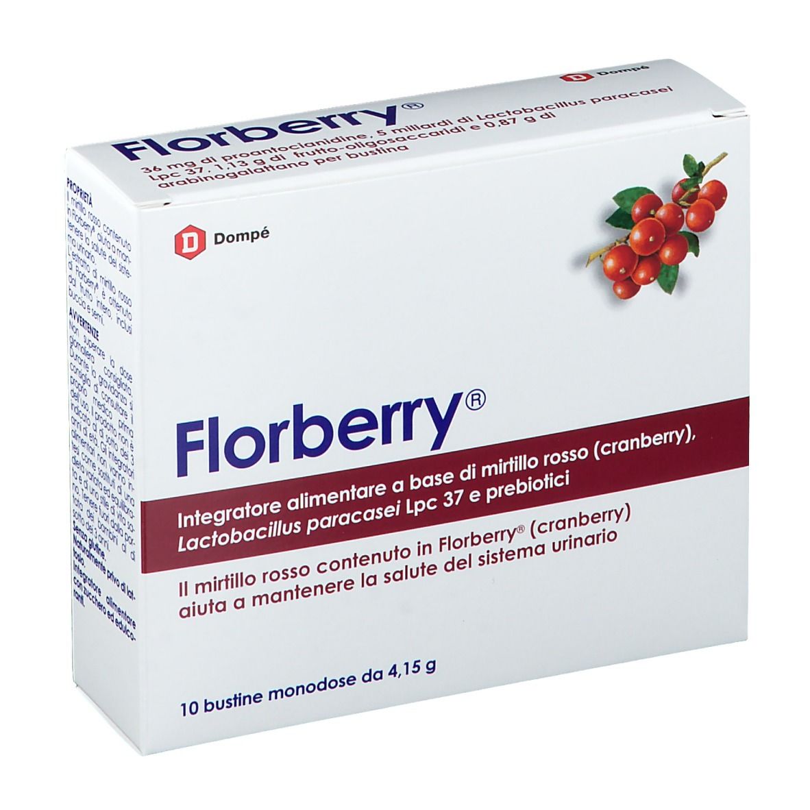 Confezione bianca di Florberry® con illustrazione di mirtilli rossi. Testo: nome del prodotto, ingredienti, 10 bustine monodose. Logo Dompé.
