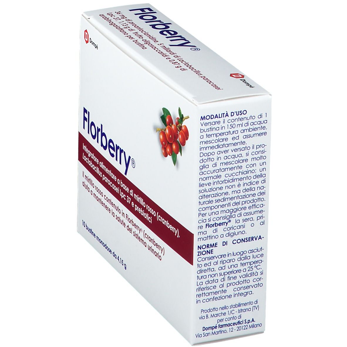 Confezione di Florberry®, in prospettiva. Illustrazione di mirtilli rossi. Testo: nome del prodotto, ingredienti, modalità d'uso, conservazione. Logo Dompé.