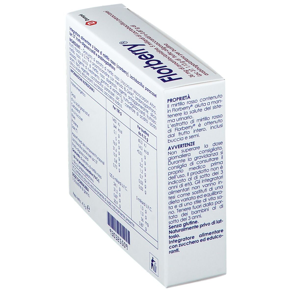 Confezione di Florberry®, retro. Testo: modalità d'uso, avvertenze, ingredienti. Testo in italiano. Logo Dompé.