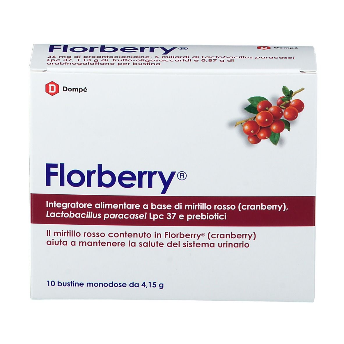 Confezione bianca di Florberry® con illustrazione di mirtilli rossi. Testo: nome del prodotto, ingredienti, 10 bustine monodose. Logo Dompé.