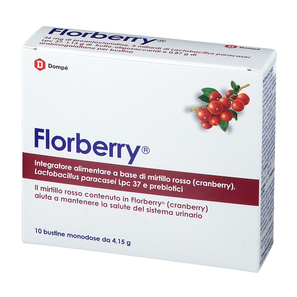 Confezione bianca di Florberry® con illustrazione di mirtilli rossi. Testo: nome del prodotto, ingredienti, 10 bustine monodose. Logo Dompé.