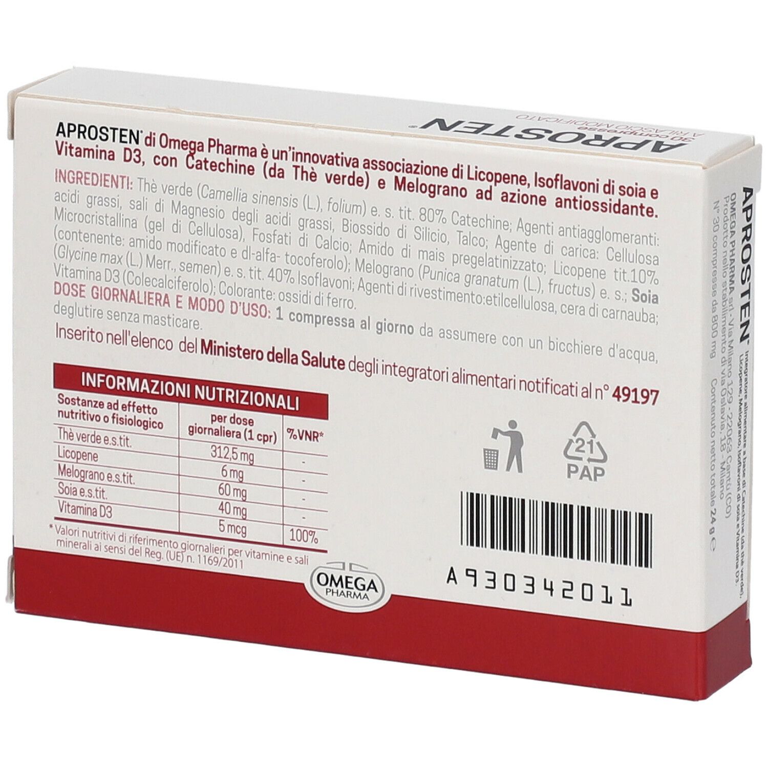 Dos de la boîte de comprimés APROSTEN. Liste des ingrédients, informations nutritionnelles.