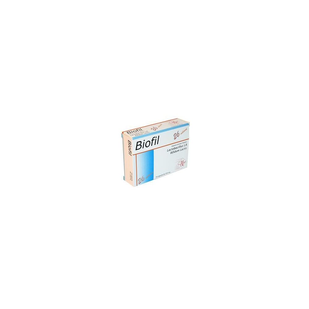 Confezione di capsule Biofil. Scatola bianca e blu con nome e informazioni. 26 miliardi, 20 capsule.