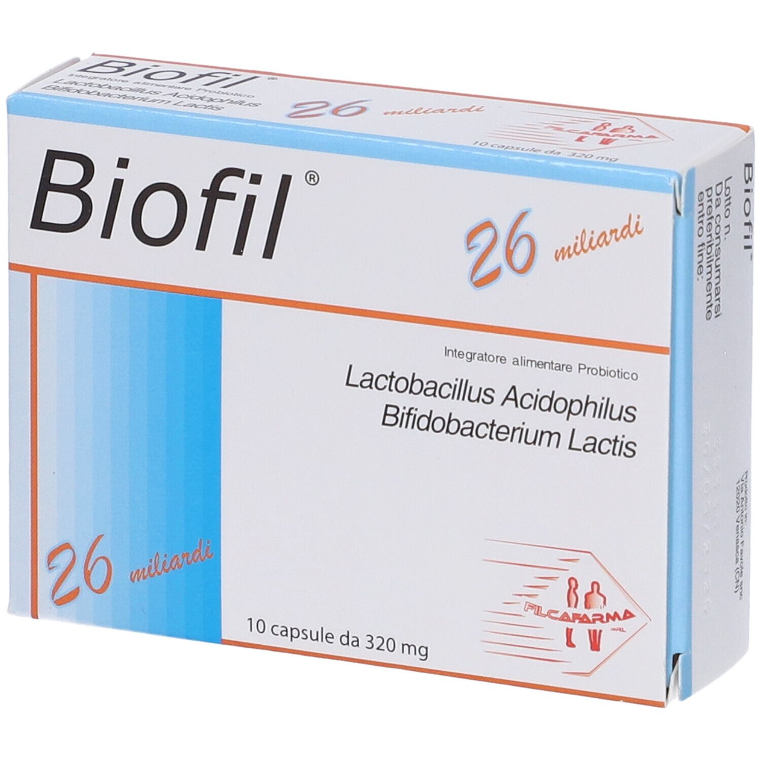Confezione Biofil. Scatola bianca con banda blu. Nome prodotto, 26 miliardi, ingredienti, 10 capsule.