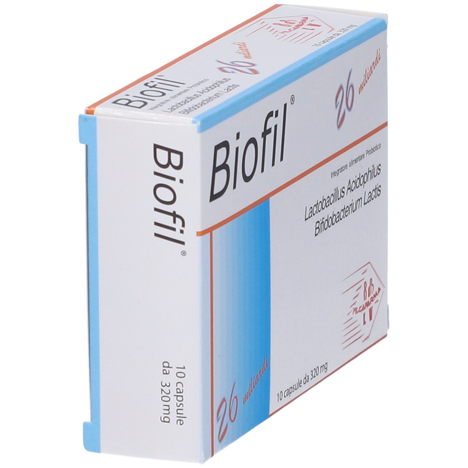 Confezione Biofil. Scatola bianca con banda blu. Nome prodotto, 26 miliardi, ingredienti, 10 capsule.