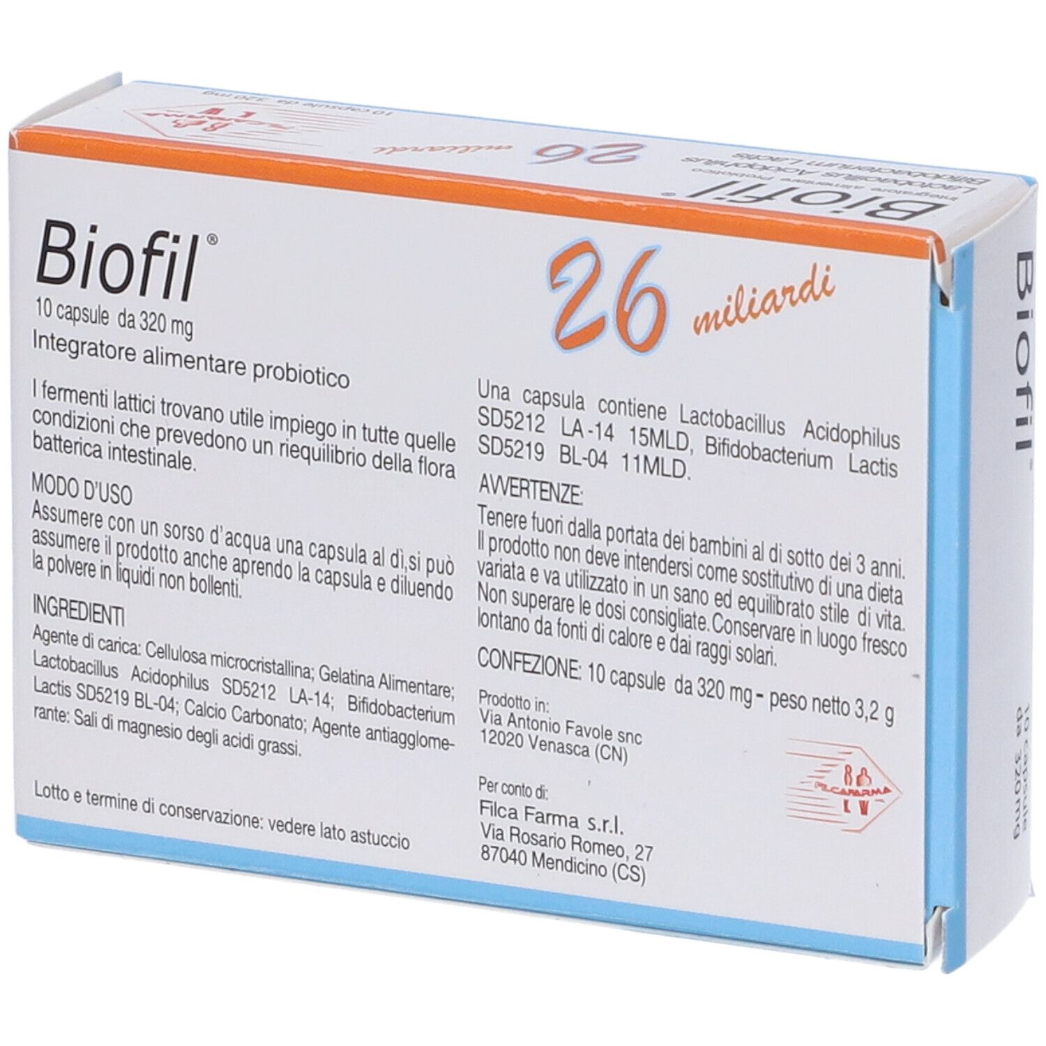 Confezione Biofil. Scatola bianca con banda blu. Nome prodotto, 26 miliardi, ingredienti, 10 capsule.