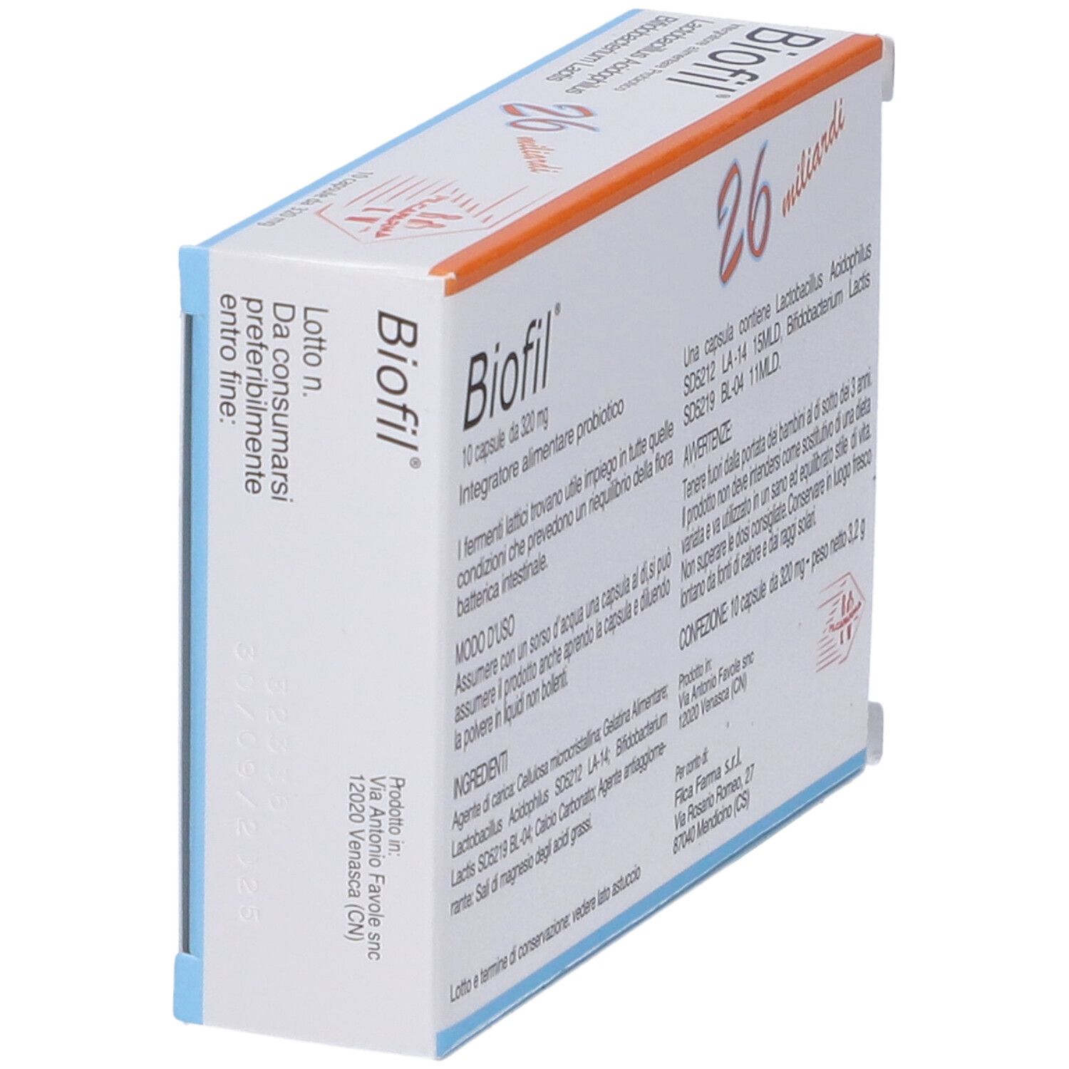 Confezione Biofil. Scatola bianca con banda blu. Nome prodotto, 26 miliardi, ingredienti, 10 capsule.