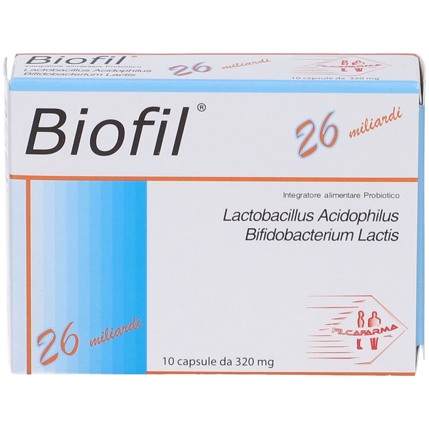 Confezione Biofil. Scatola bianca con banda blu. Nome prodotto, 26 miliardi, ingredienti, 10 capsule.