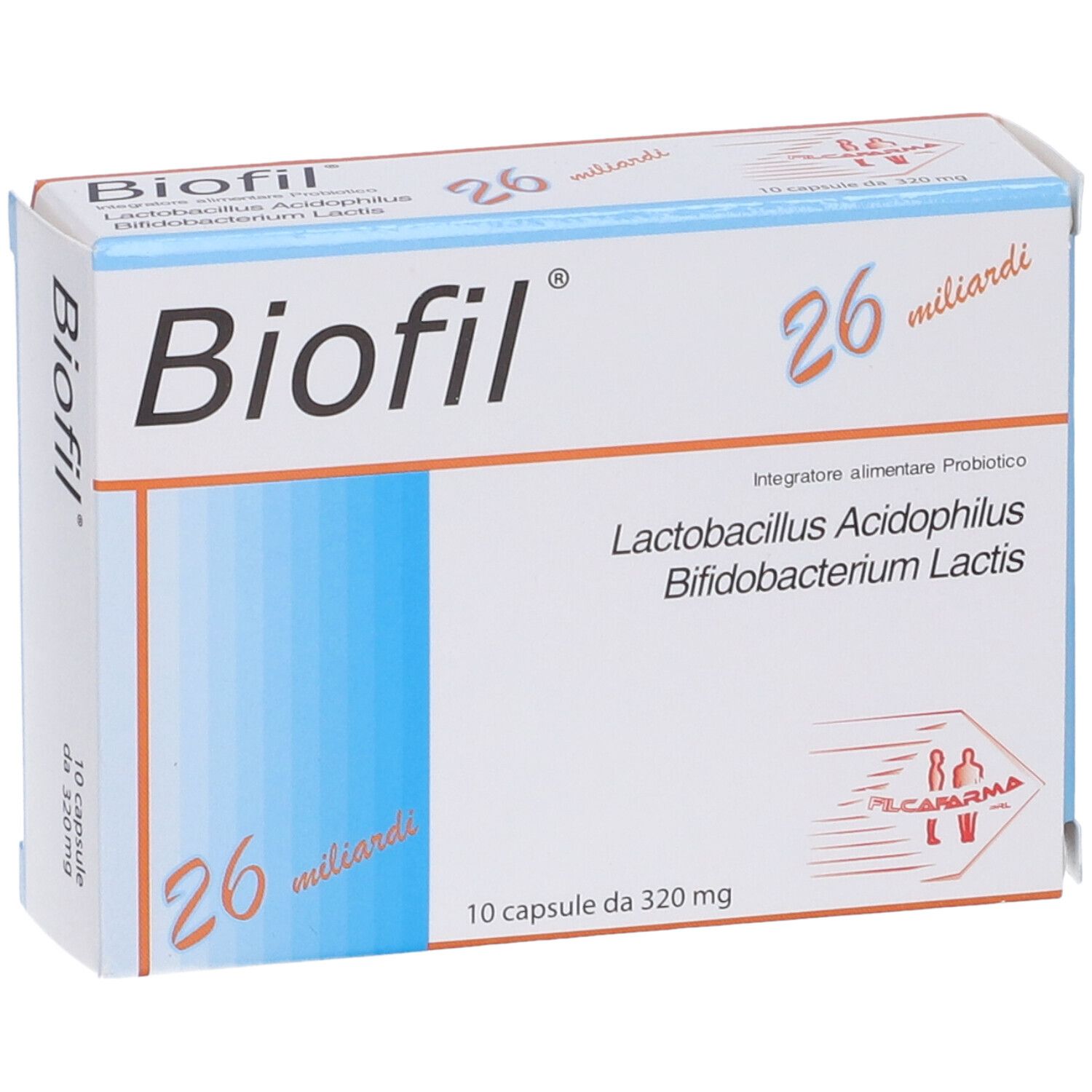 Confezione Biofil. Scatola bianca con banda blu. Nome prodotto, 26 miliardi, ingredienti, 10 capsule.