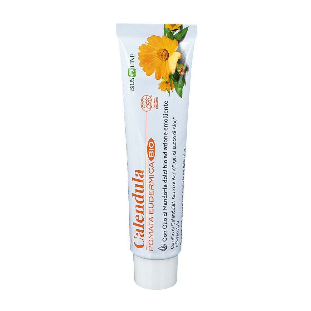 Tubo bianco con illustrazione di fiori gialli. Scritta: Calendula Pomata Eudermica Bio. Con certificazione biologica.
