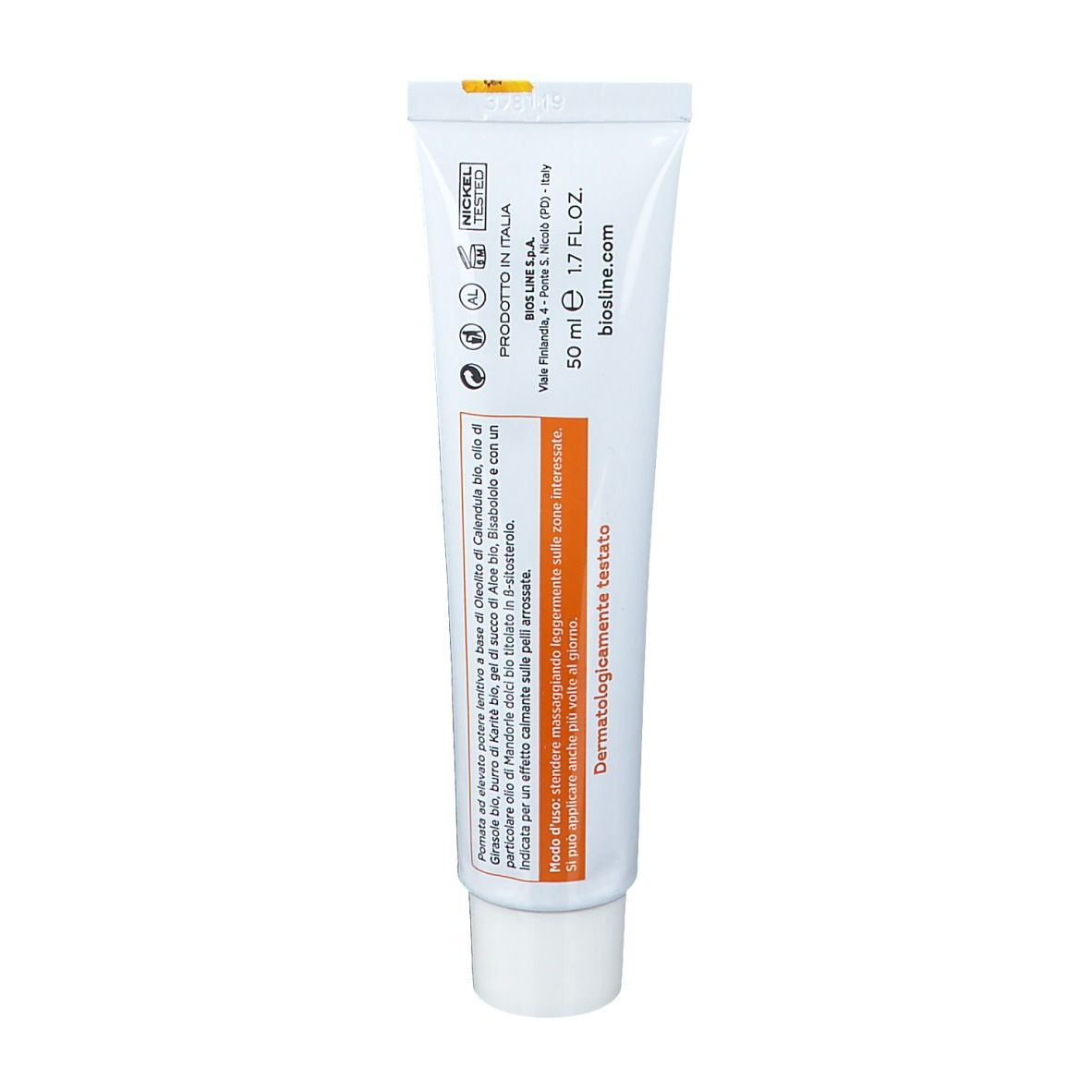 Retro del tubo. Scritta: 50 ml, 1.7 FL.OZ. Dermatologicamente testato. Prodotto in Italia. Certificazione biologica.