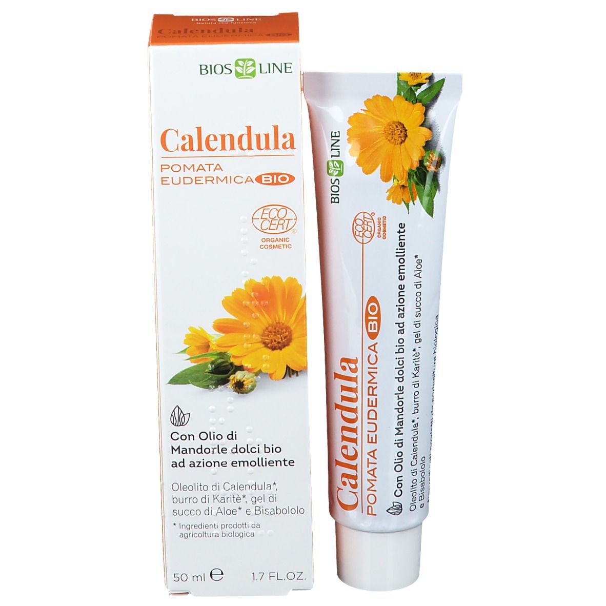 Tubo e scatola. Scritta: Calendula Pomata Eudermica Bio. Con certificazione biologica. 50 ml. Fiori gialli.