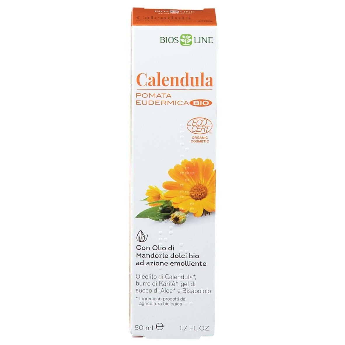 Scatola. Scritta: Calendula Pomata Eudermica Bio. Con certificazione biologica. 50 ml. Illustrazione di fiori gialli.