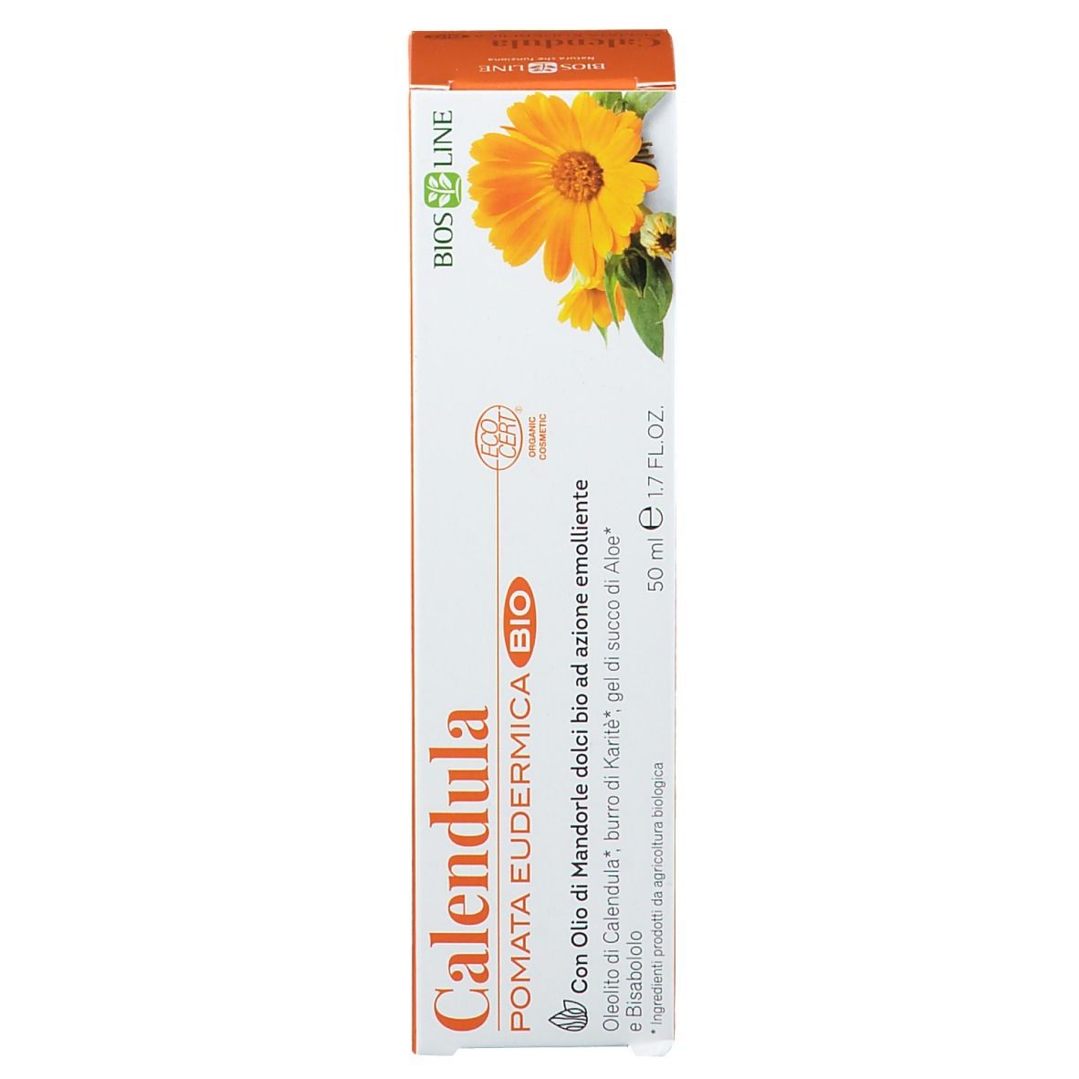 Scatola. Scritta: Calendula Pomata Eudermica Bio. Con certificazione biologica. 50 ml. Illustrazione di fiori gialli.