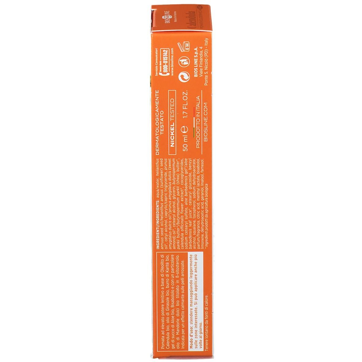 Lato della scatola. Scritta: Dermatologicamente testato, testato al nichel, ingredienti, 50 ml, 1.7 FL.OZ. Illustrazioni.