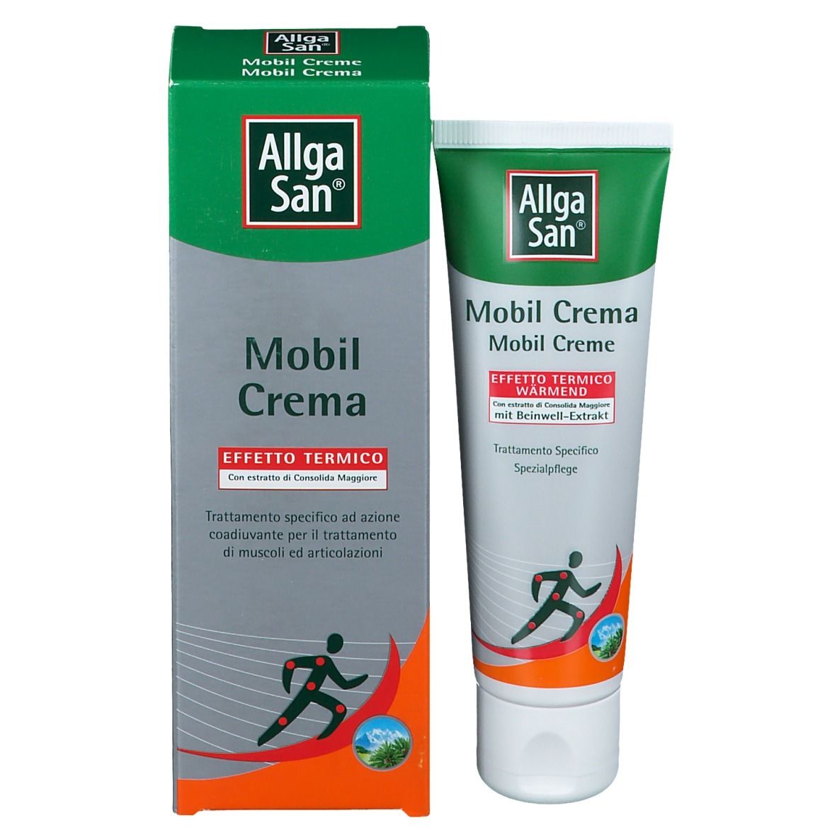 Emballage et tube Allga San Mobil Creme. Emballage : vert et blanc. Tube : blanc avec bouchon vert. Nom et logo du produit.