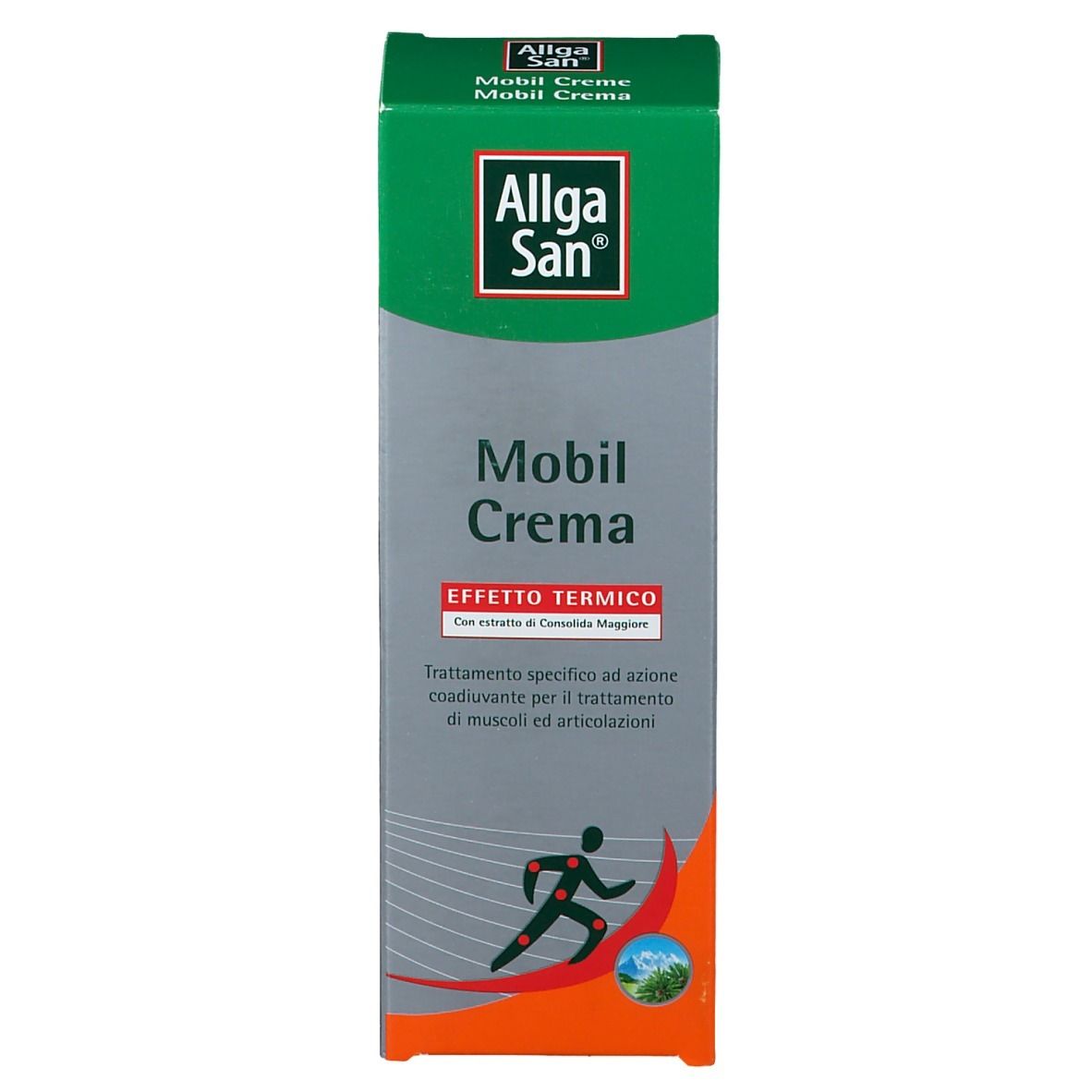 Emballage Allga San Mobil Creme. Design vert et blanc avec nom et logo du produit. Illustration d'une personne en train de courir. Accents rouges.