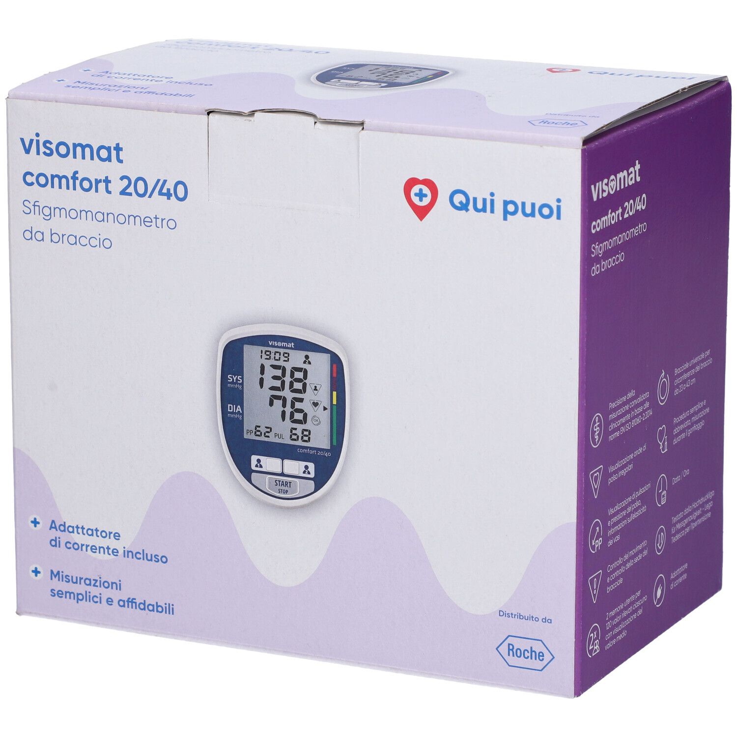 Confezione di sfigmomanometro. Sul fronte, display con valori. Testo: Visomat Comfort 20/40 Sfigmomanometro da braccio.