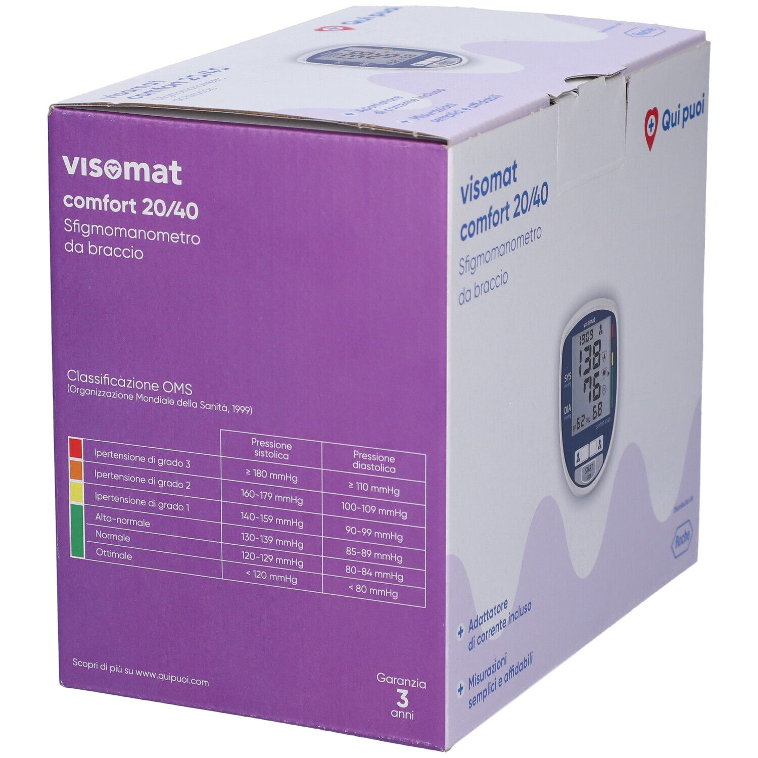 Confezione di sfigmomanometro. Sul lato, tabella valori pressione. Testo: Visomat Comfort 20/40 Sfigmomanometro da braccio.