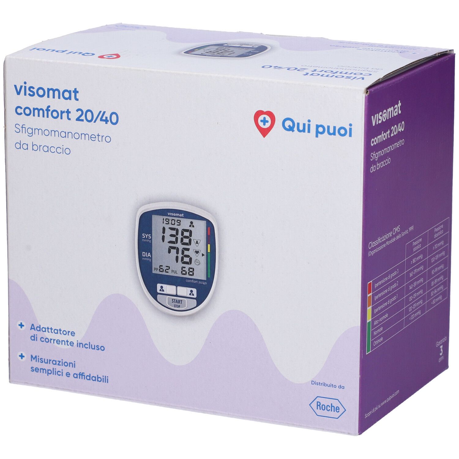 Confezione di sfigmomanometro. Sul fronte, display con valori. Testo: Visomat Comfort 20/40 Sfigmomanometro da braccio.