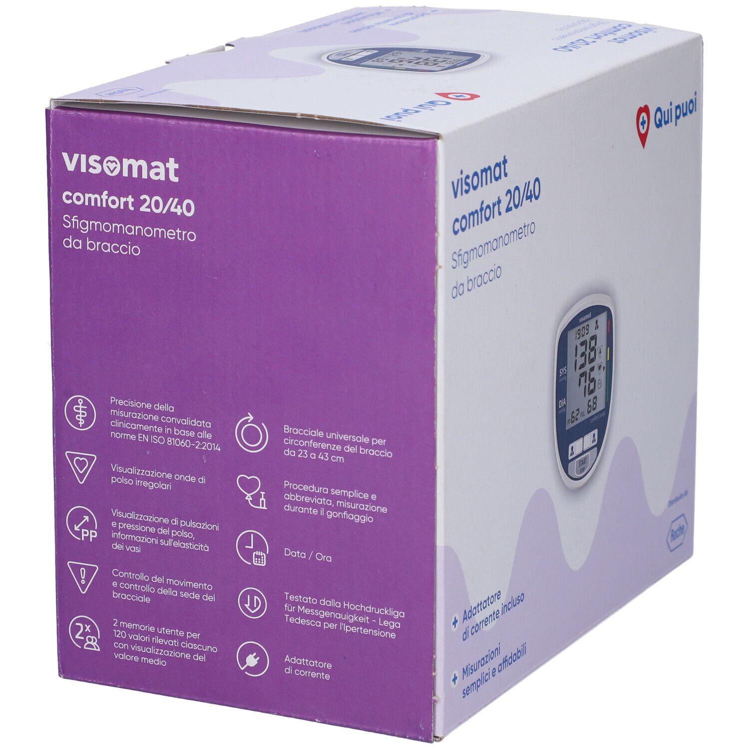 Confezione di sfigmomanometro. Sul lato, pittogrammi e testo. Testo: Visomat Comfort 20/40 Sfigmomanometro da braccio.