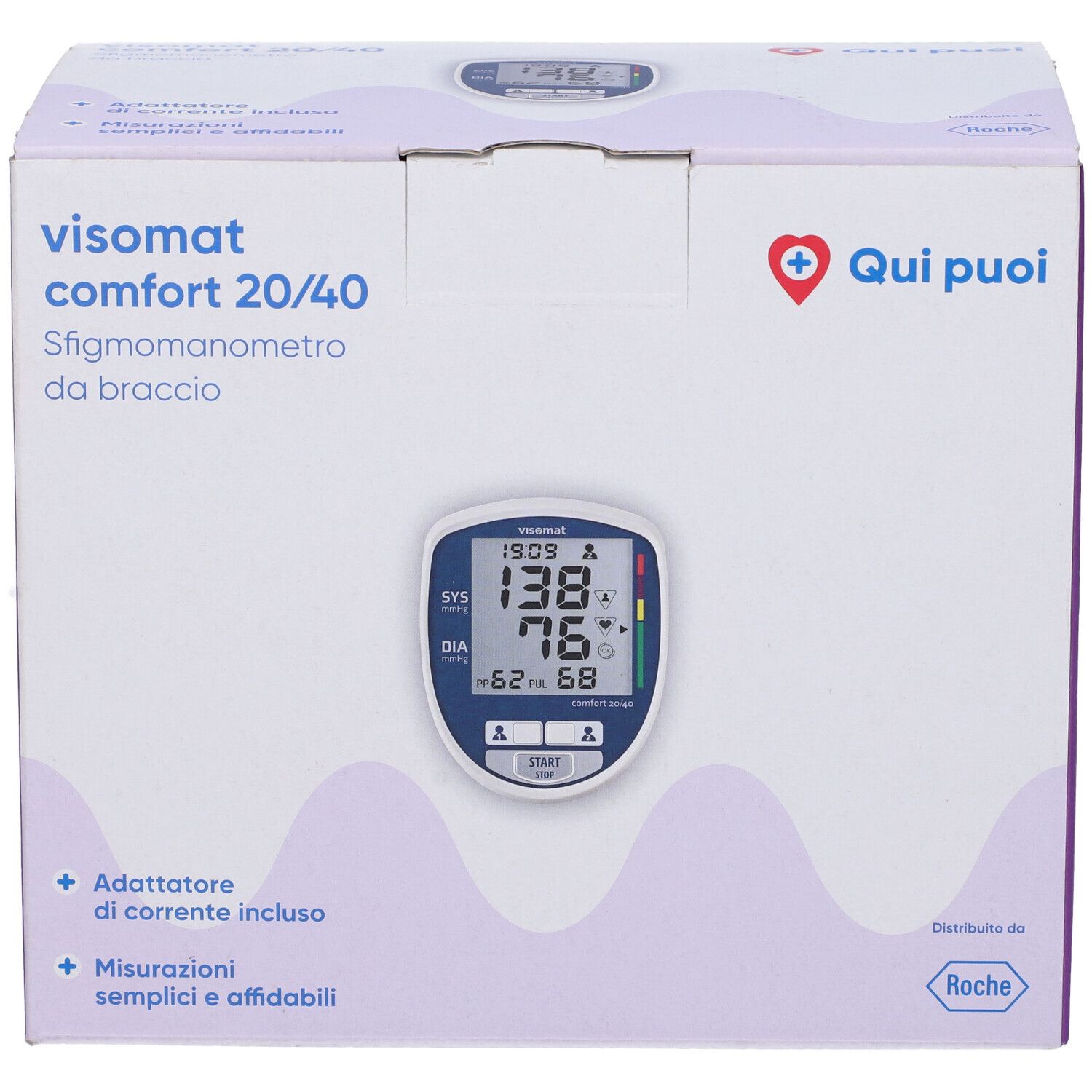 Confezione di sfigmomanometro. Sul fronte, display con valori. Testo: Visomat Comfort 20/40 Sfigmomanometro da braccio.