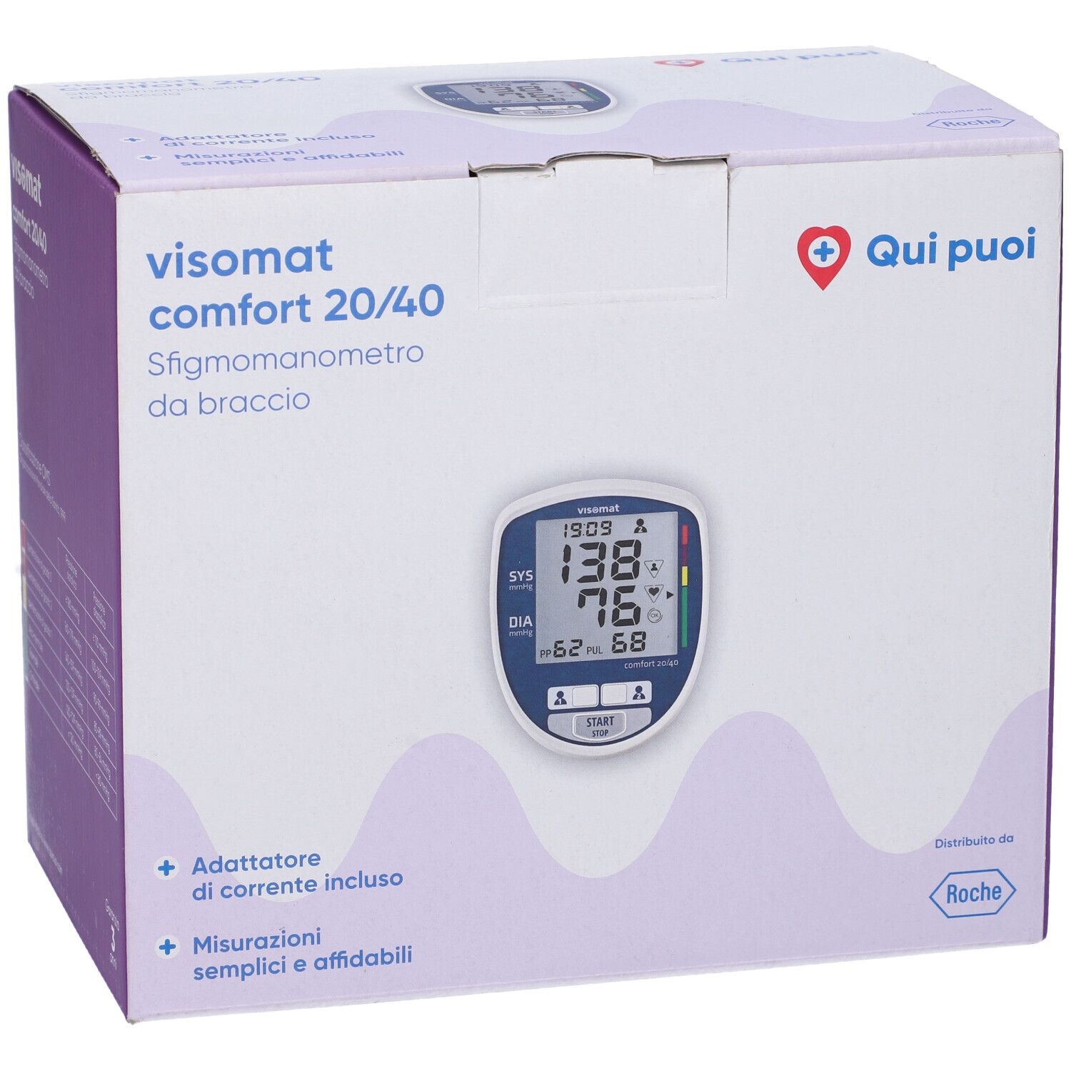Confezione di sfigmomanometro. Sul fronte, display con valori. Testo: Visomat Comfort 20/40 Sfigmomanometro da braccio.