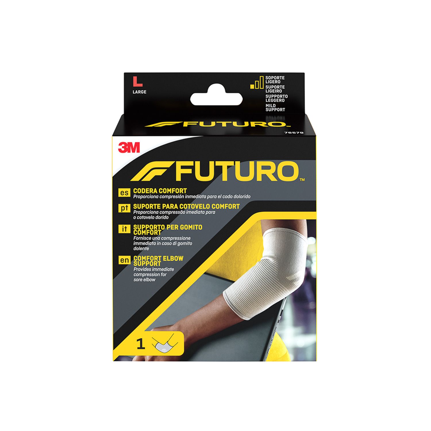 Supporto per gomito FUTURO™ Comfort. Beige, a maglia. Taglia L. Confezione con braccio che indossa il supporto.