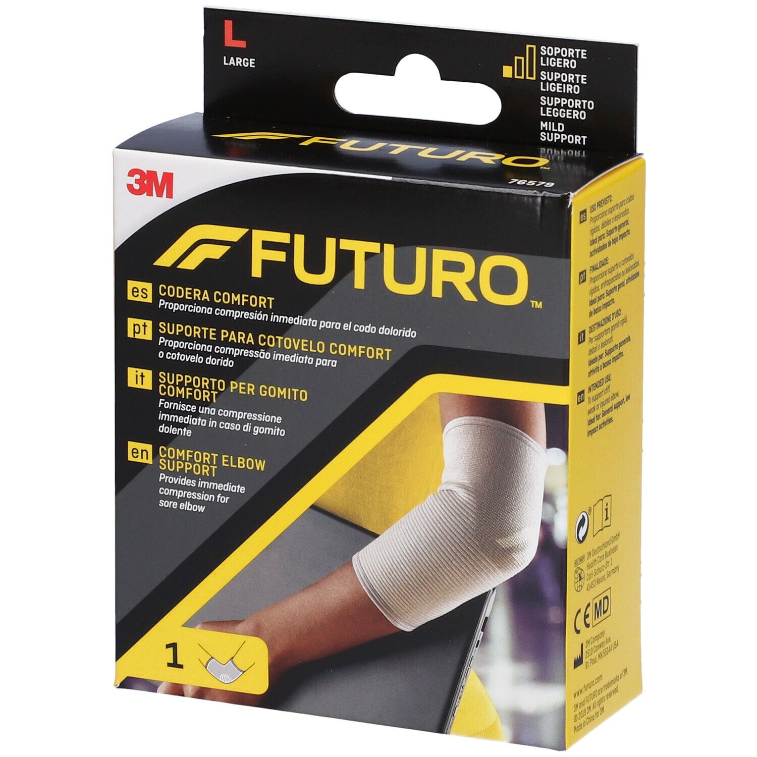 Supporto per gomito FUTURO™ Comfort. Beige, a maglia. Taglia L. Confezione con braccio che indossa il supporto.