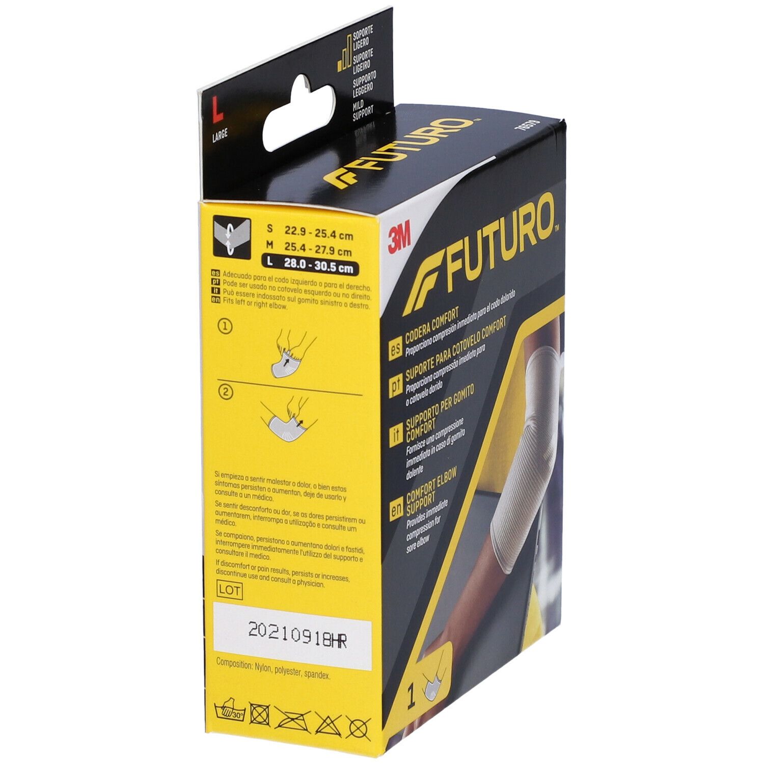 Supporto per gomito FUTURO™ Comfort. Beige, a maglia. Taglia L. Confezione con braccio che indossa il supporto.