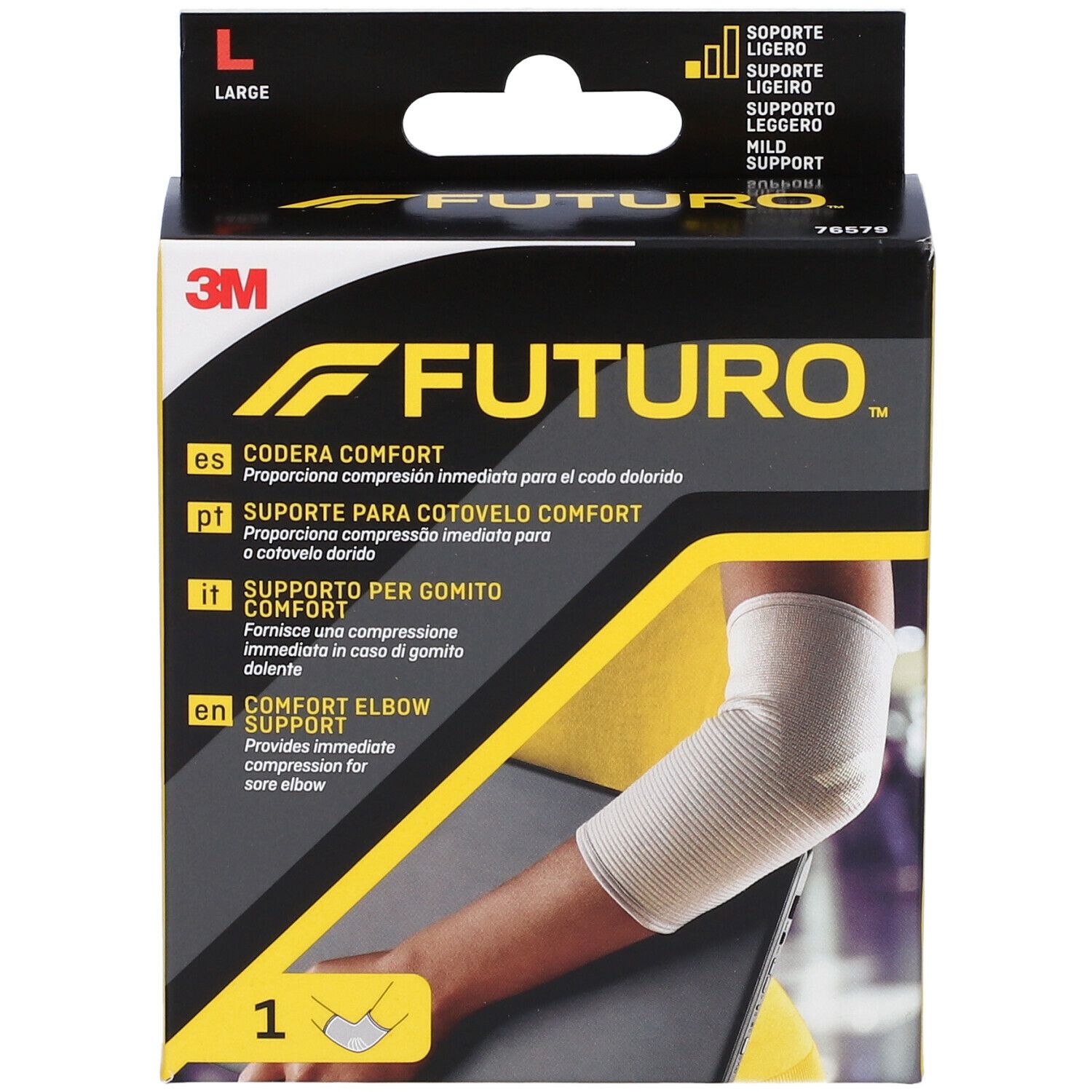 Supporto per gomito FUTURO™ Comfort. Beige, a maglia. Taglia L. Confezione con braccio che indossa il supporto.