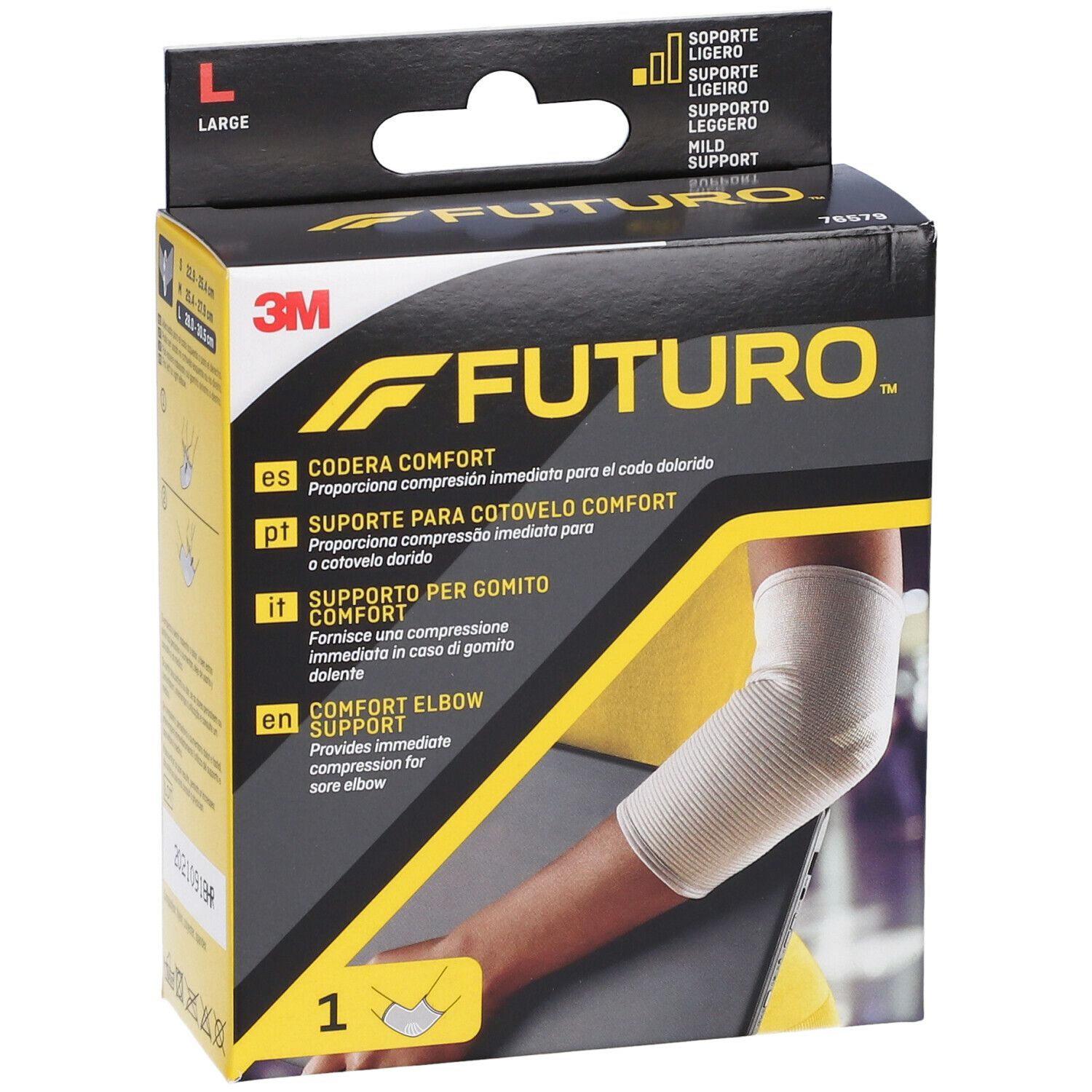 Supporto per gomito FUTURO™ Comfort. Beige, a maglia. Taglia L. Confezione con braccio che indossa il supporto.