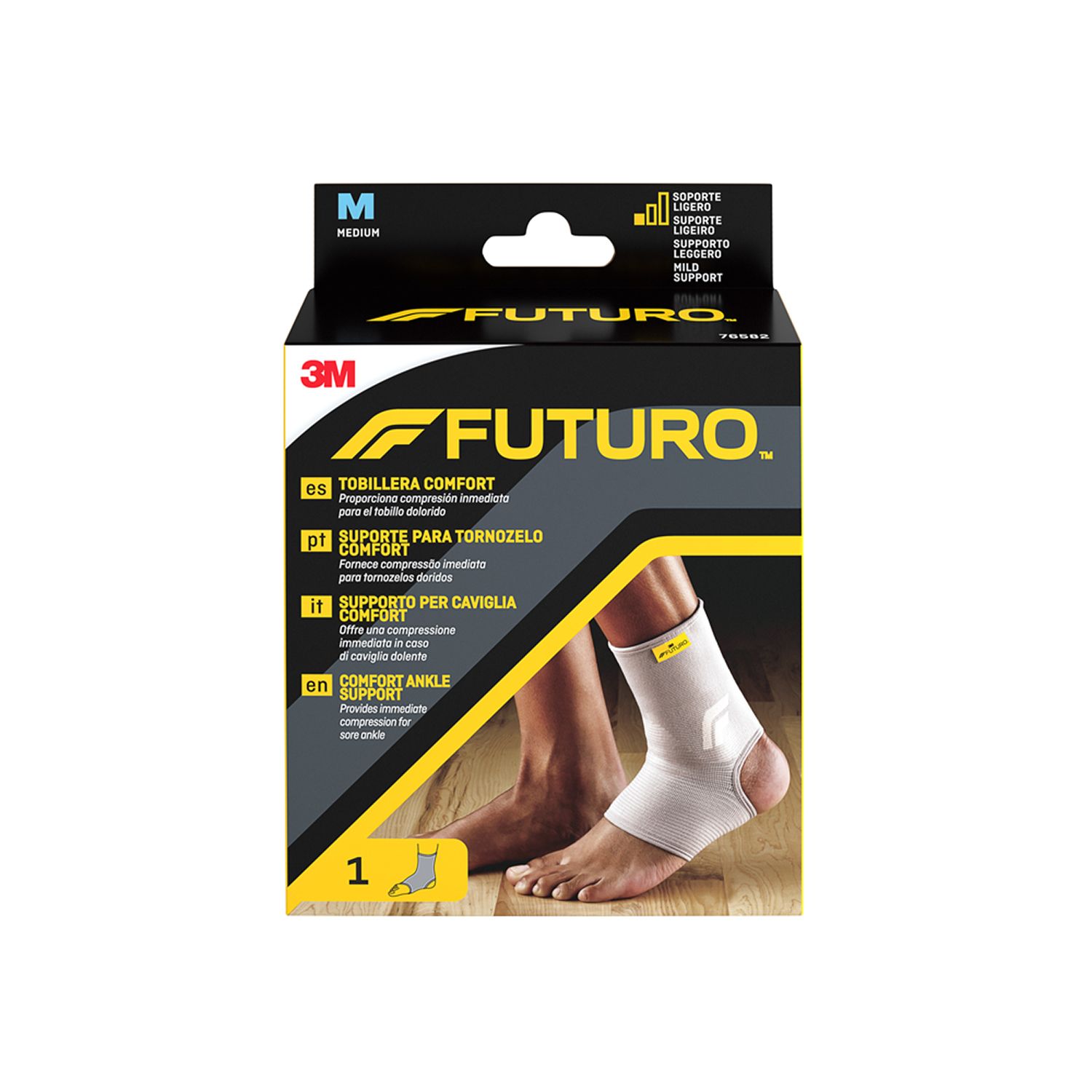 Supporto per caviglia FUTURO™ Comfort, taglia M, in confezione. Logo 3M. Immagine del prodotto.