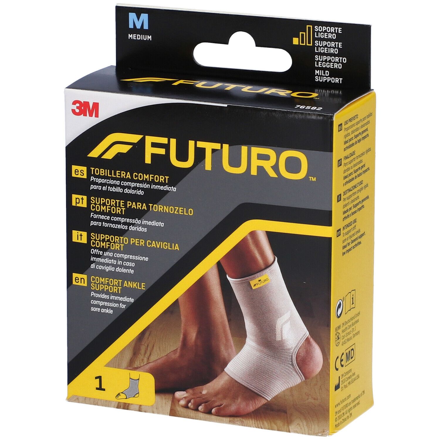 Supporto per caviglia FUTURO™ Comfort, taglia M, in confezione. Logo 3M. Immagine del prodotto.