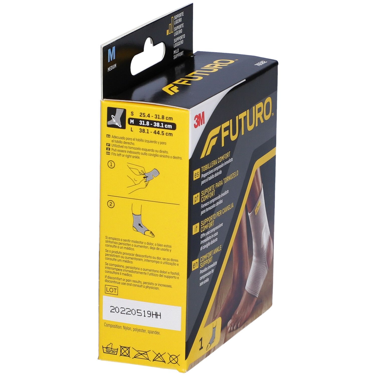 Confezione del supporto per caviglia FUTURO™ Comfort, taglia M. Informazioni taglie. Istruzioni.