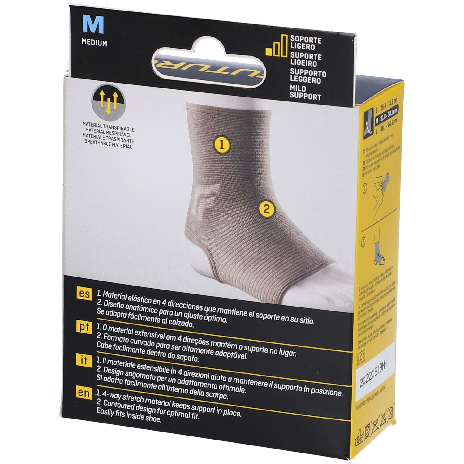 Retro del supporto per caviglia FUTURO™ Comfort, taglia M. Caratteristiche del prodotto in più lingue.