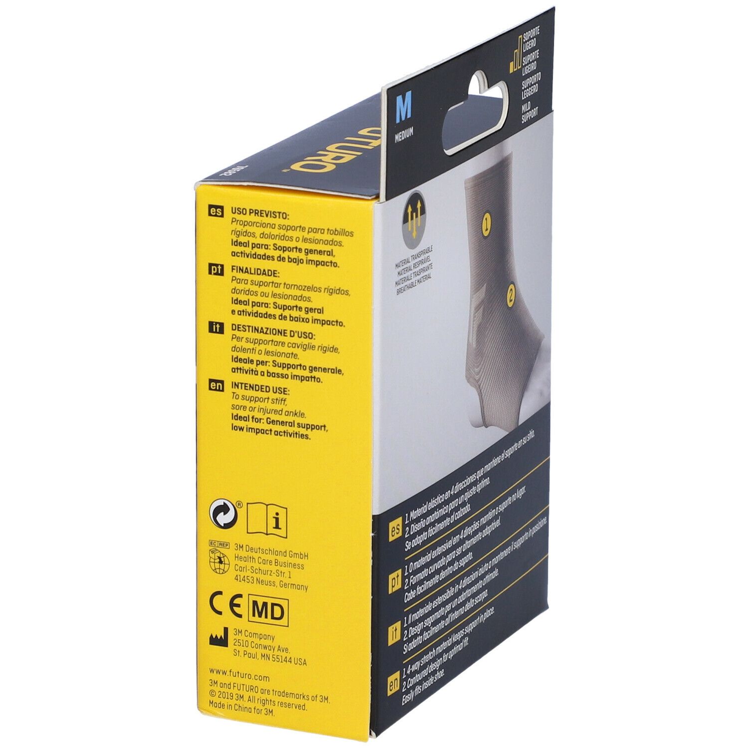 Lato del supporto per caviglia FUTURO™ Comfort, taglia M. Informazioni prodotto, loghi, certificazioni.