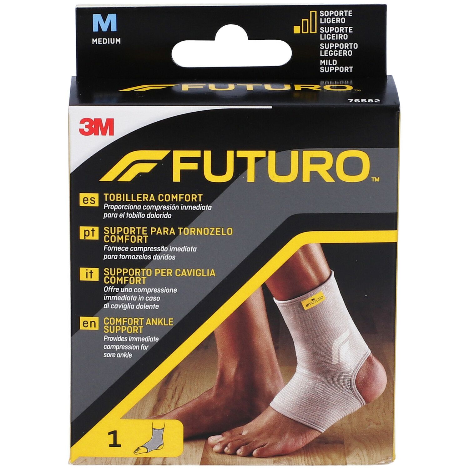 Supporto per caviglia FUTURO™ Comfort, taglia M, in confezione. Logo 3M. Immagine del prodotto.