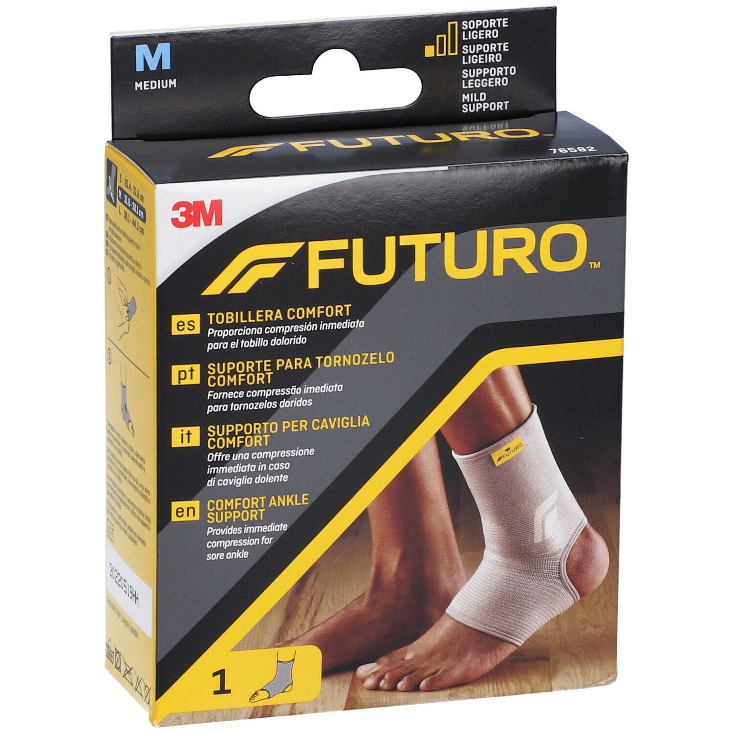 Supporto per caviglia FUTURO™ Comfort, taglia M, in confezione. Logo 3M. Immagine del prodotto.