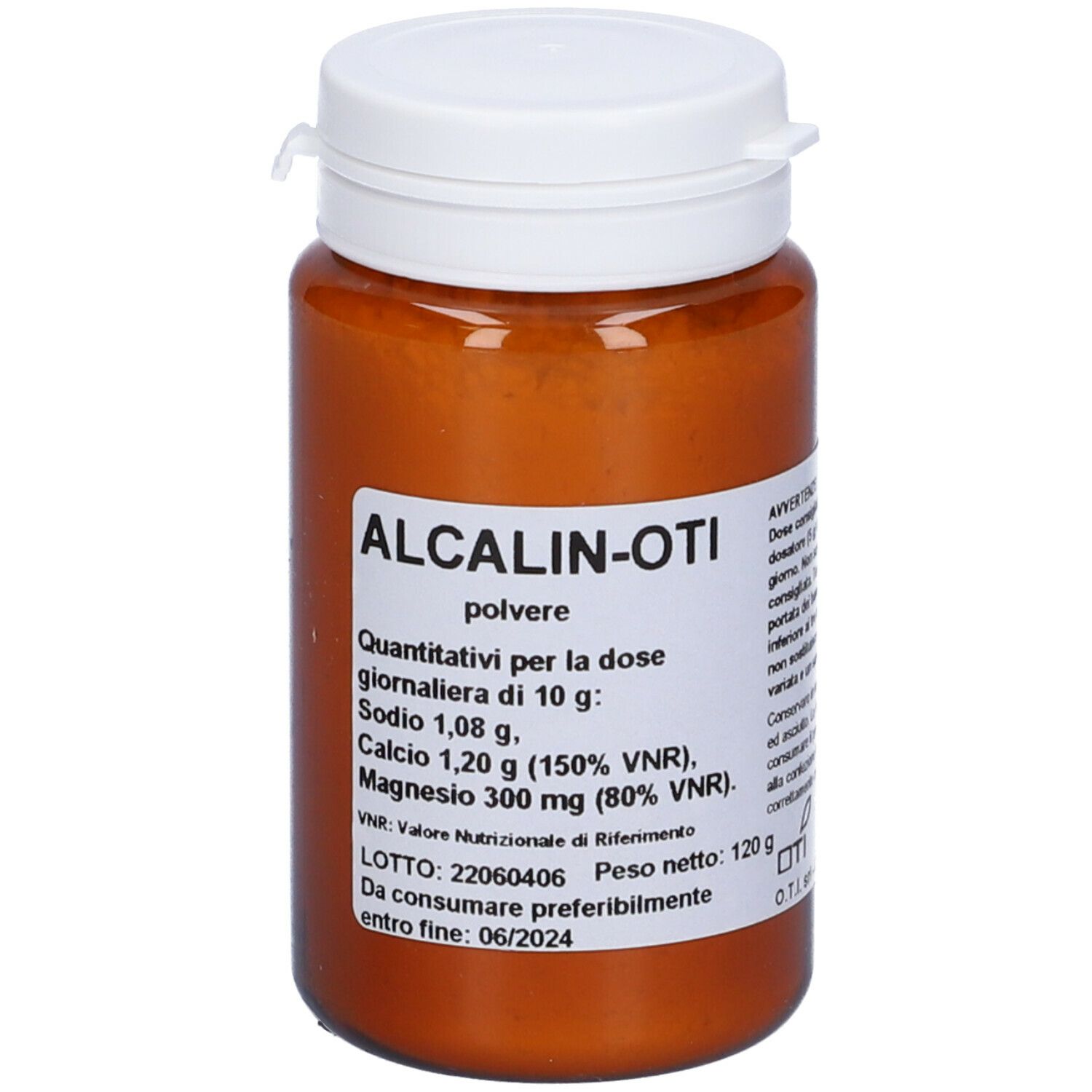Barattolo marrone con coperchio bianco. Scritta: ALCALIN-OTI, polvere. Contiene informazioni nutrizionali e data di scadenza.