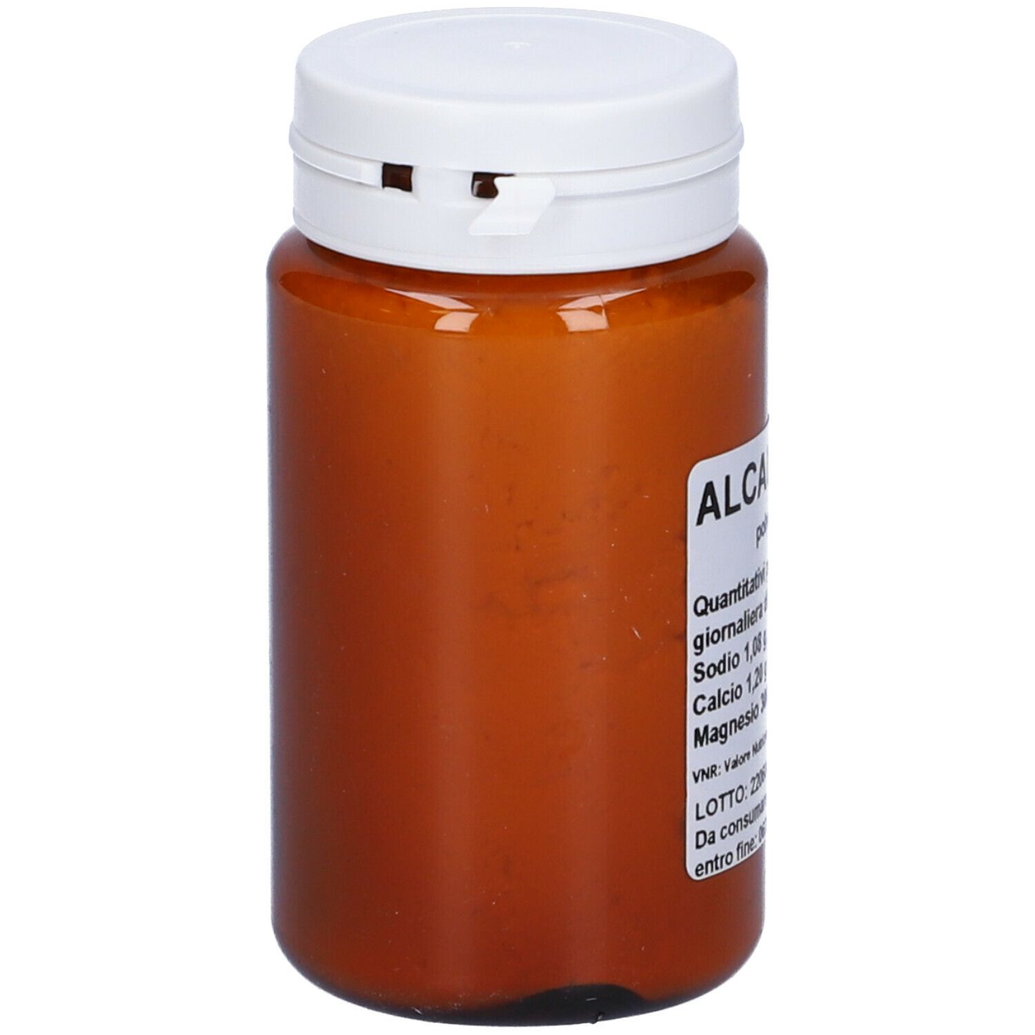 Barattolo marrone con coperchio bianco. Scritta: ALCALIN-OTI, polvere. Contiene informazioni nutrizionali e data di scadenza.