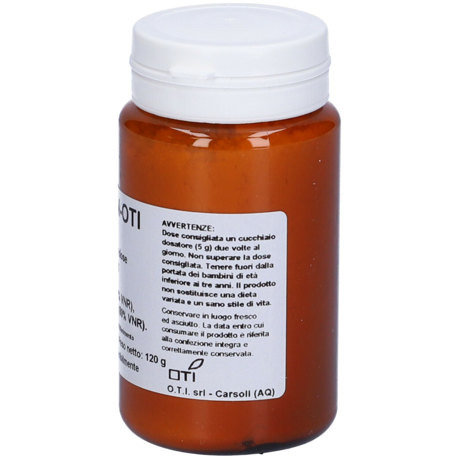 Barattolo marrone con coperchio bianco. Scritta: ALCALIN-OTI, polvere. Contiene informazioni nutrizionali e data di scadenza.