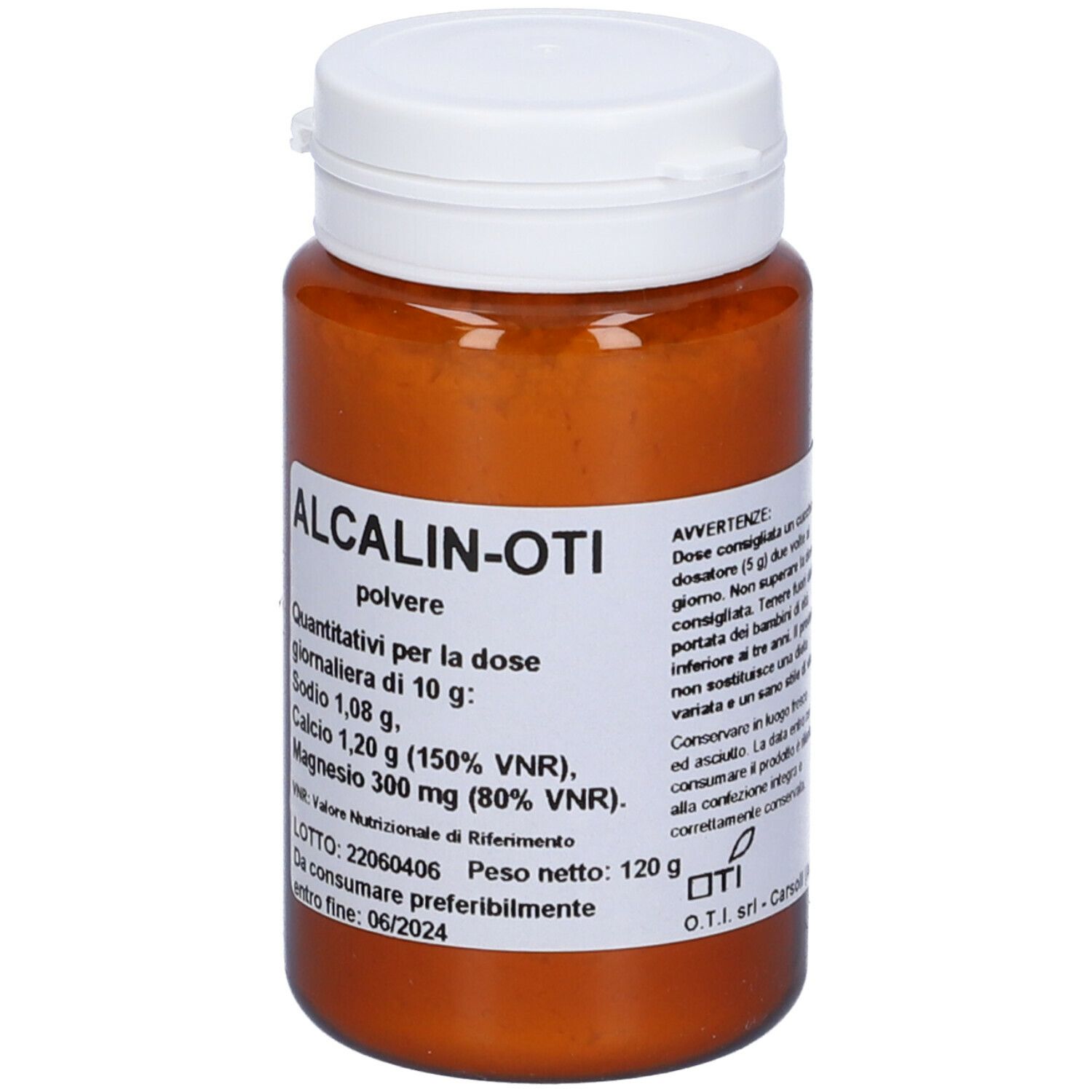 Barattolo marrone con coperchio bianco. Scritta: ALCALIN-OTI, polvere. Contiene informazioni nutrizionali e data di scadenza.