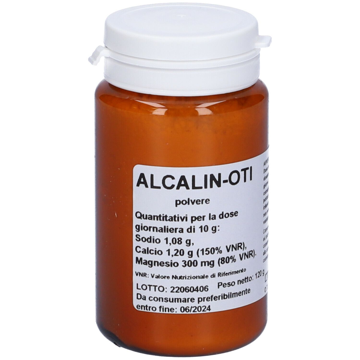 Barattolo marrone con coperchio bianco. Scritta: ALCALIN-OTI, polvere. Contiene informazioni nutrizionali e data di scadenza.