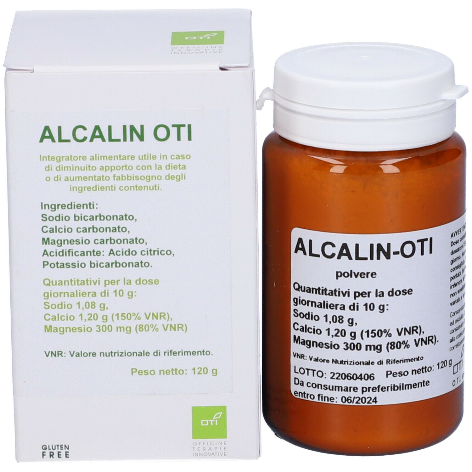 Confezione del prodotto con barattolo e scatola. Barattolo: ALCALIN-OTI, polvere. Scatola: ALCALIN OTI, ingredienti, informazioni nutrizionali, peso 120g.