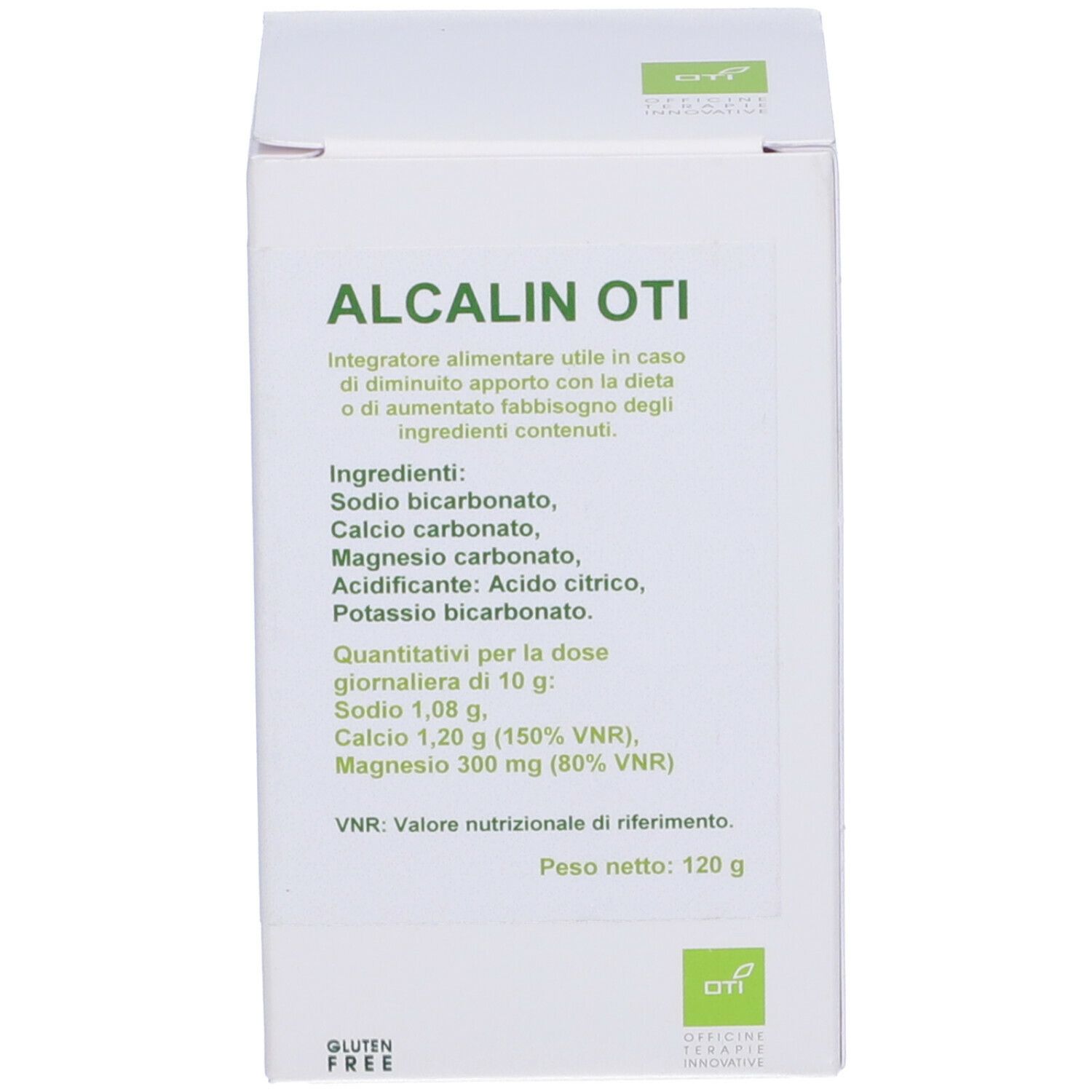 Confezione bianca del prodotto. Scritta: ALCALIN OTI, ingredienti, informazioni nutrizionali, peso 120g. Senza glutine.