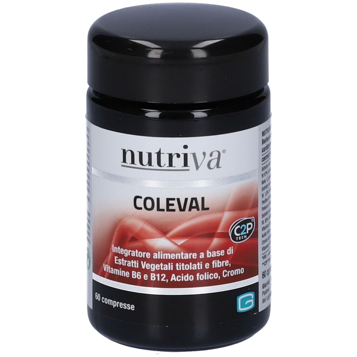 Flacone Nutriva Coleval. Coperchio nero, etichetta bianca con informazioni prodotto. 60 compresse.